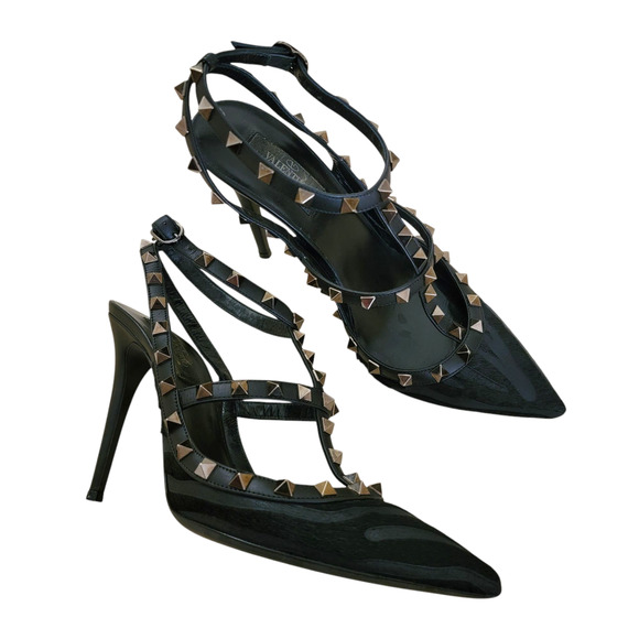Valentino Rockstud Black Leather Zebra Calf Hair Ankle Strap Pumps Heels 39 9 - Picture 1 of 12
